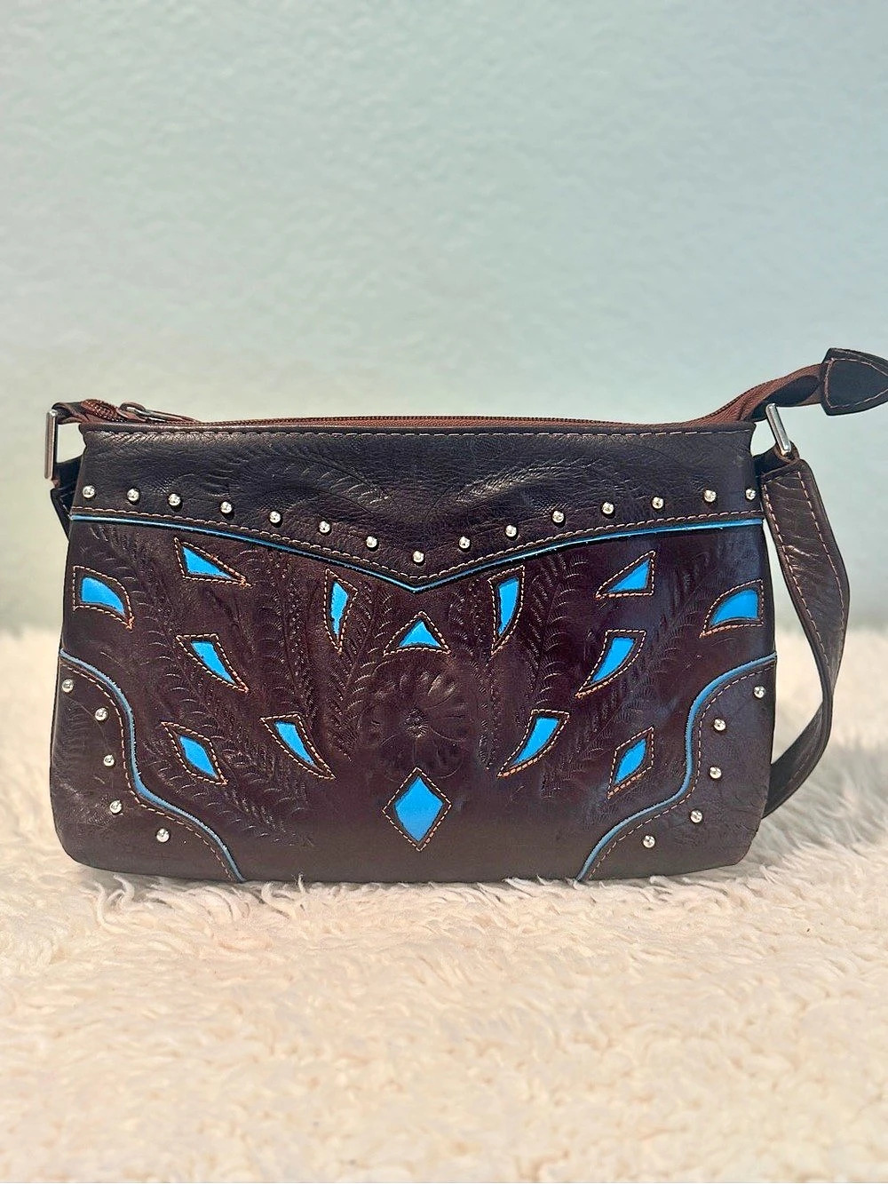 Genuine Leather Paraguay Western Tooled Turquoise Shoulder Bag